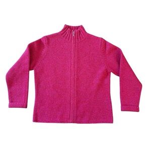 L.L. Bean Womens Knit Sweater Size M Reg Red Pink Marled Lambswool Angora Zip-Up